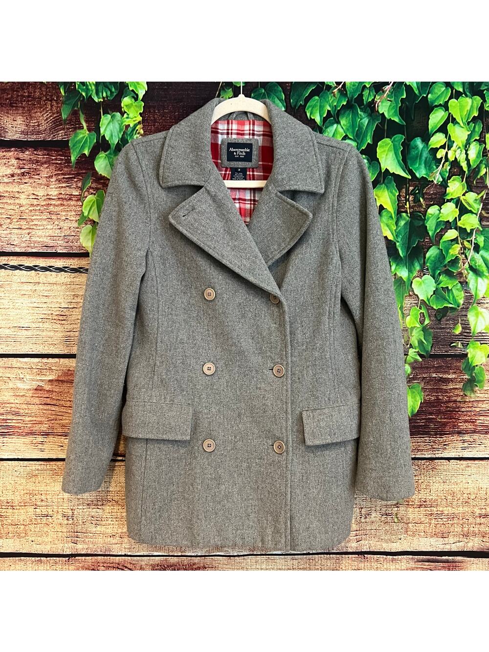 Y2K Abercrombie & Fitch Pea Coat Peacoat Jacket Womens Small Grey Red Plaid Wool